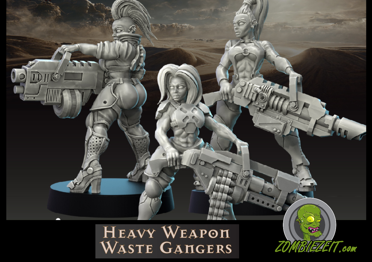 Set aus 3 weiblichen Grim Dark Future Kämpferinnen mit Nolter, Maschinengewehr und Laserkanone