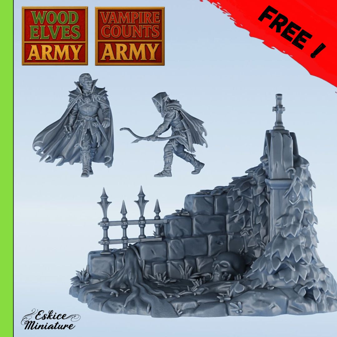 Vampire Counts & Wood Elves ( Geländestück + 2 Miniaturen )
